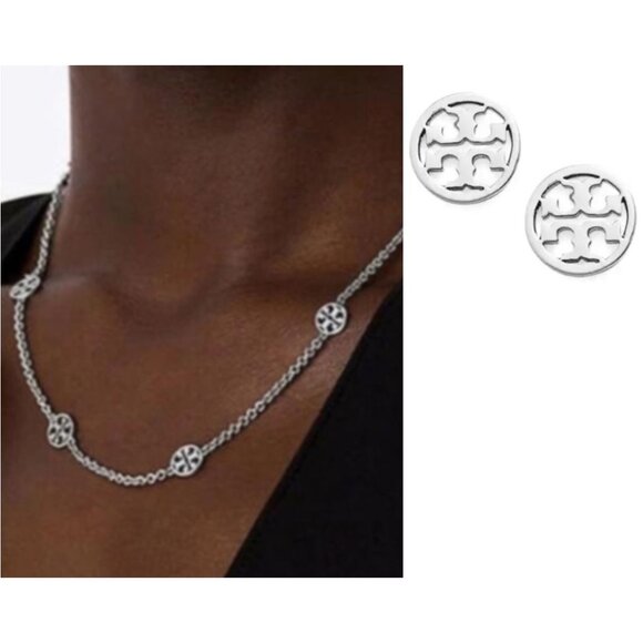 ✺Tory Burch Silver Miller Stationary Necklace and Earring Set - Picture 1 of 8
